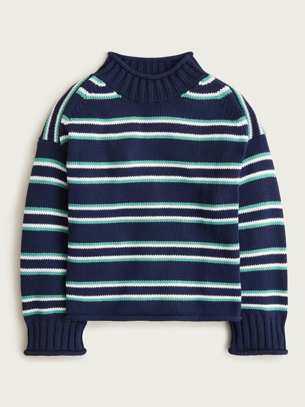 J Crew Rollneck Sweater Navy Aqua Multi Stripe